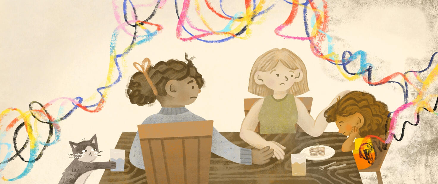 A Full Page spread from Ronnie's unpublished book "Sofia's Weird Feeling." Words and Illustration by Ronnie. It shows Sofia, a little girl with messy hair, at the dinner table feeling really anxious. Her parents are worried about her.