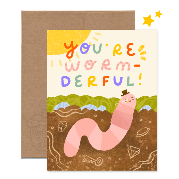 A greeting card design by Ronnie, featuring a worm with a top hat and the words "You're Worm-derful" above. Illustrated digitally using a paper-cut style.