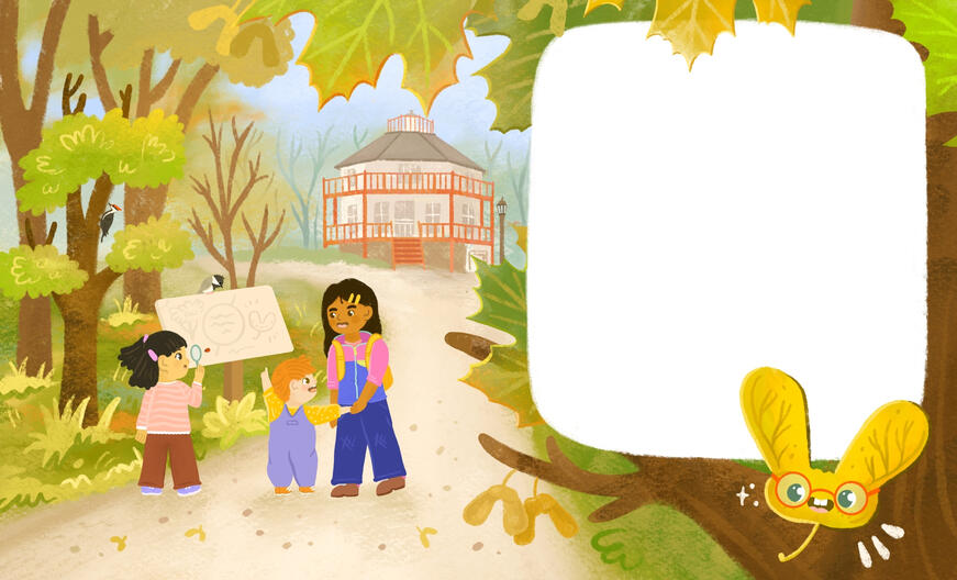 First panel of the Bracebridge Story Book Trail, featuring the three main characters going on a walk.