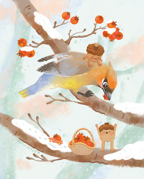 A Cedarwaxwing is helping its acorn friends collect some hawthorn berries. Created digitally on the iPad, with procreate.