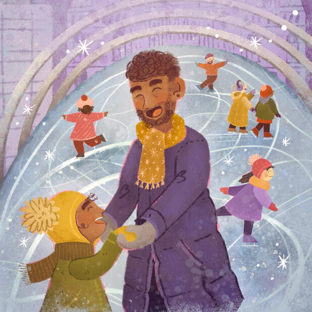 A father an son are skating at Nathan Phillips Square in Toronto. This art was created with the intention of showing a father and son in a heartwarming moment, which is often not shown in media.