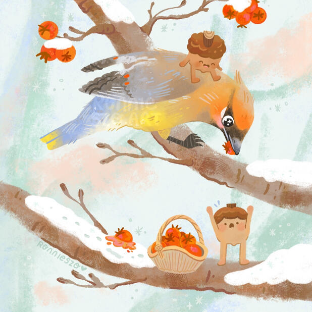A Cedarwaxwing is helping its acorn friends collect some hawthorn berries. Created digitally on the iPad, with procreate.
