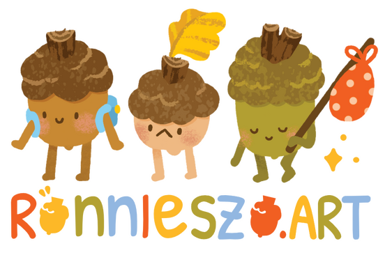 An image of three acorn characters, and underneath, illustrated text that says RonnieSzo Art.